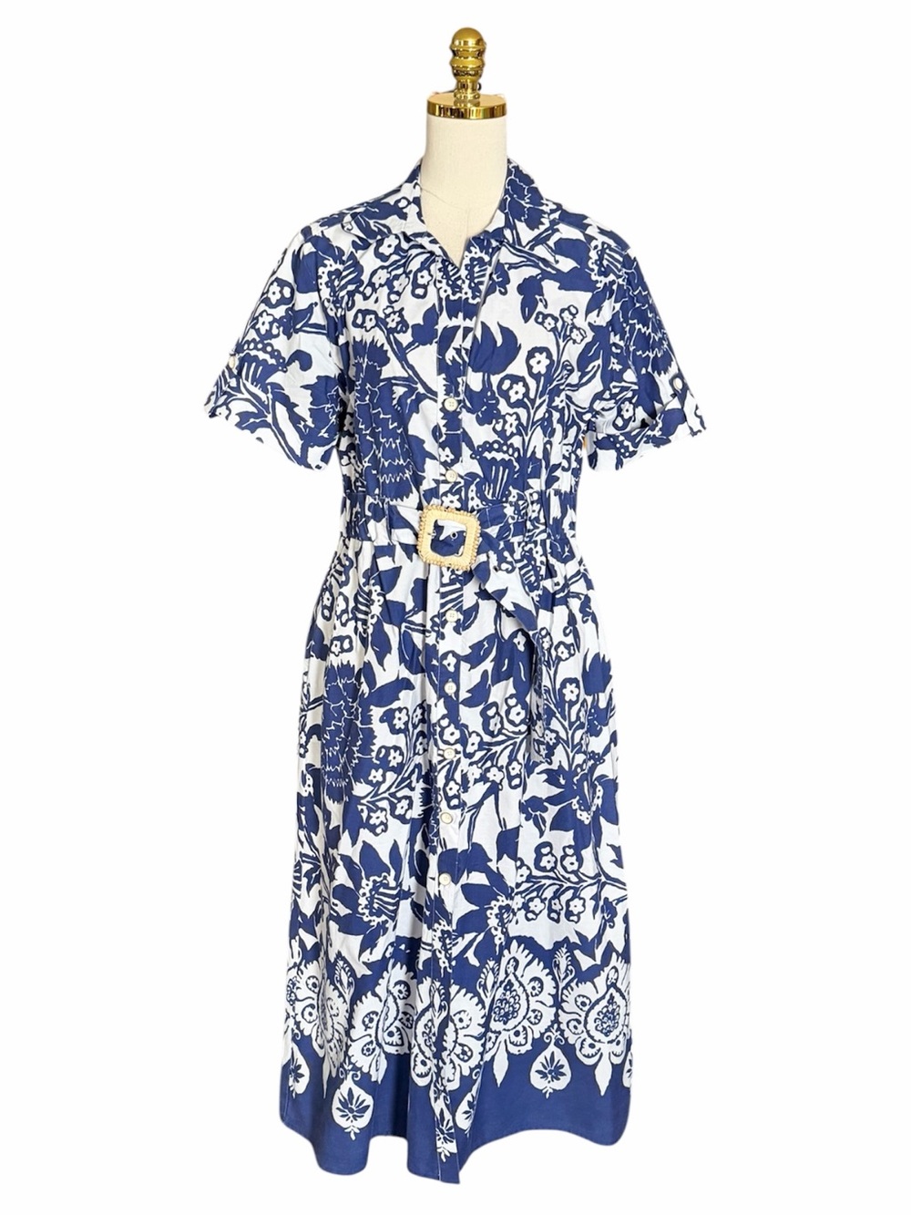 Joie Blue White Floral Cotton Midi Shirtdress Belted Short Sleeve Pockets Large - Picture 4 of 13